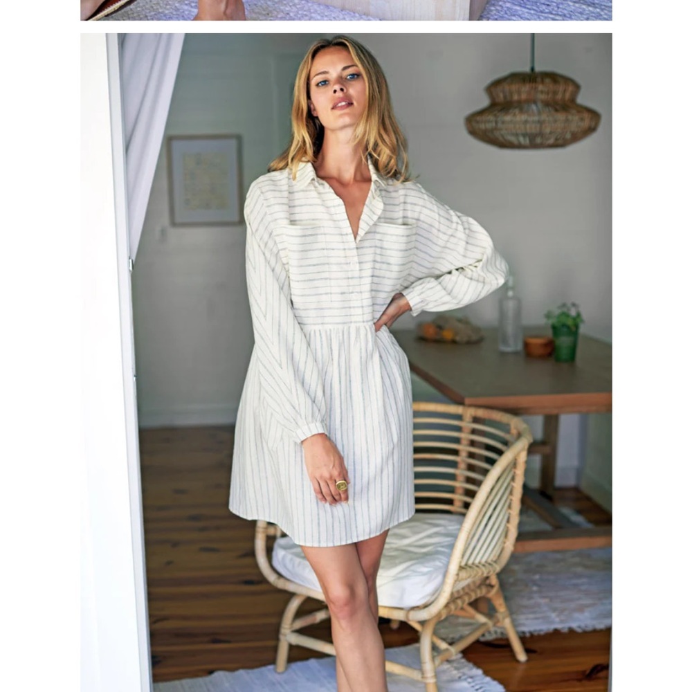 Emerson Fry SELMA LONG SLEEVE DRESS - IVORY HEMP STRIPE ORGANIC. Medium - Picture 3 of 7